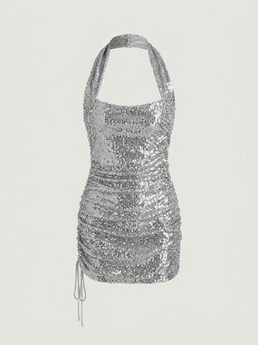 SHEIN Silver Sequin Halter Drawstring Mini Dress